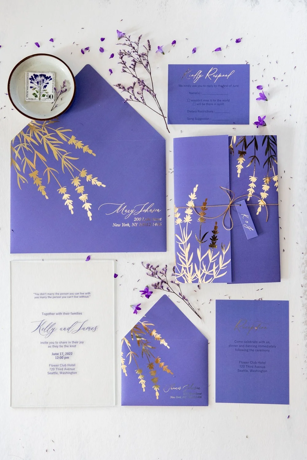 Lavender Wedding Invitation, Glass or Acrylic Wedding Invitations with lavender, Transparent Wedding Invites