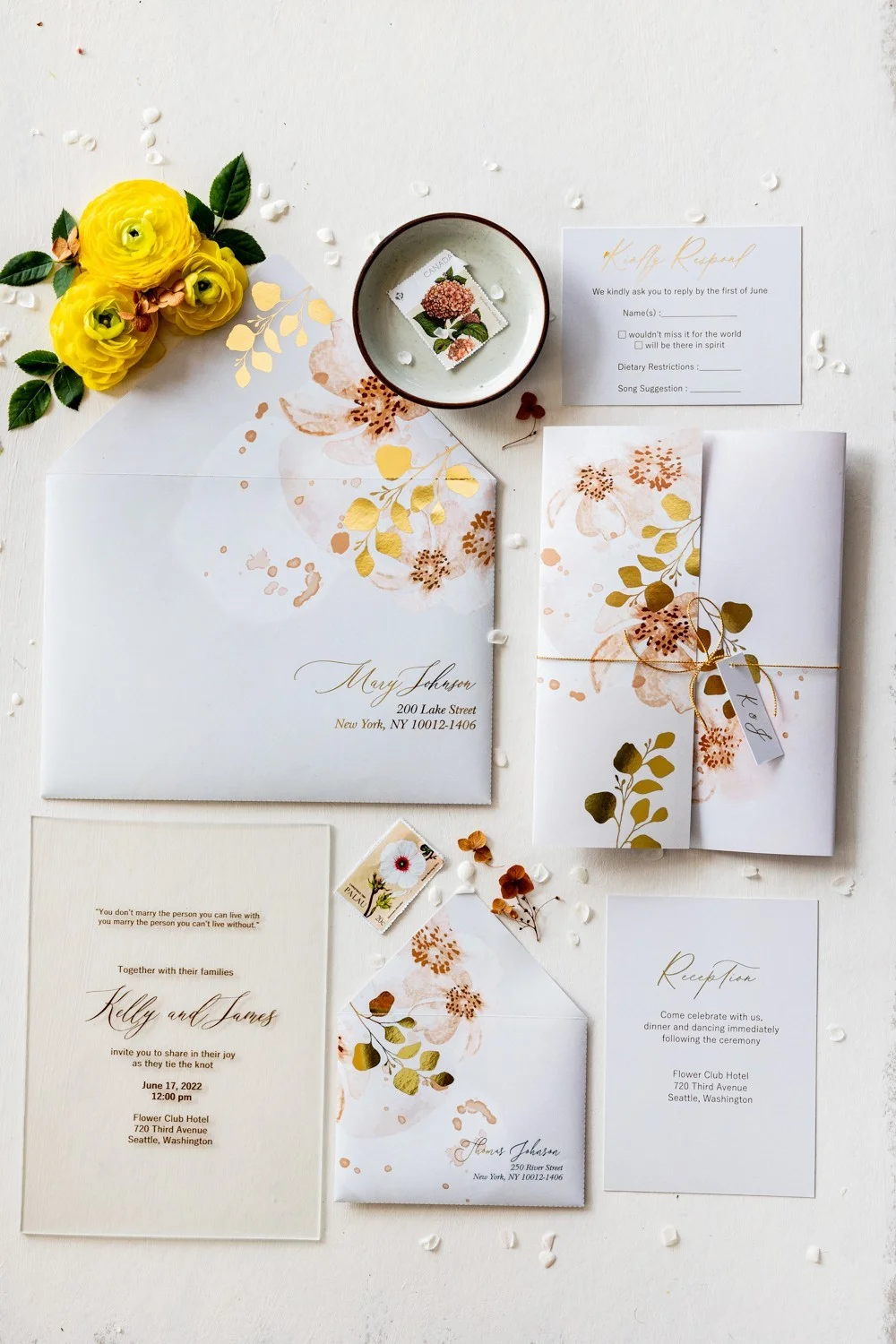 Acryl oder Glas Hochzeitseinladung, Creme Hochzeitseinladungen mit Blattgold, Transparent Beige Einladungen