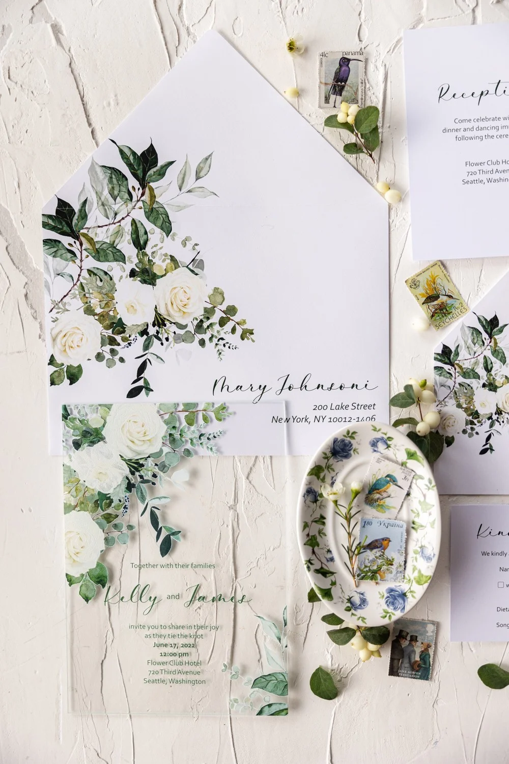 Weiße Rosen und Eukalyptus Acryl Hochzeitseinladung, Rosen Hochzeitseinladung, Transparente Hochzeitseinladung Acryl oder Glas