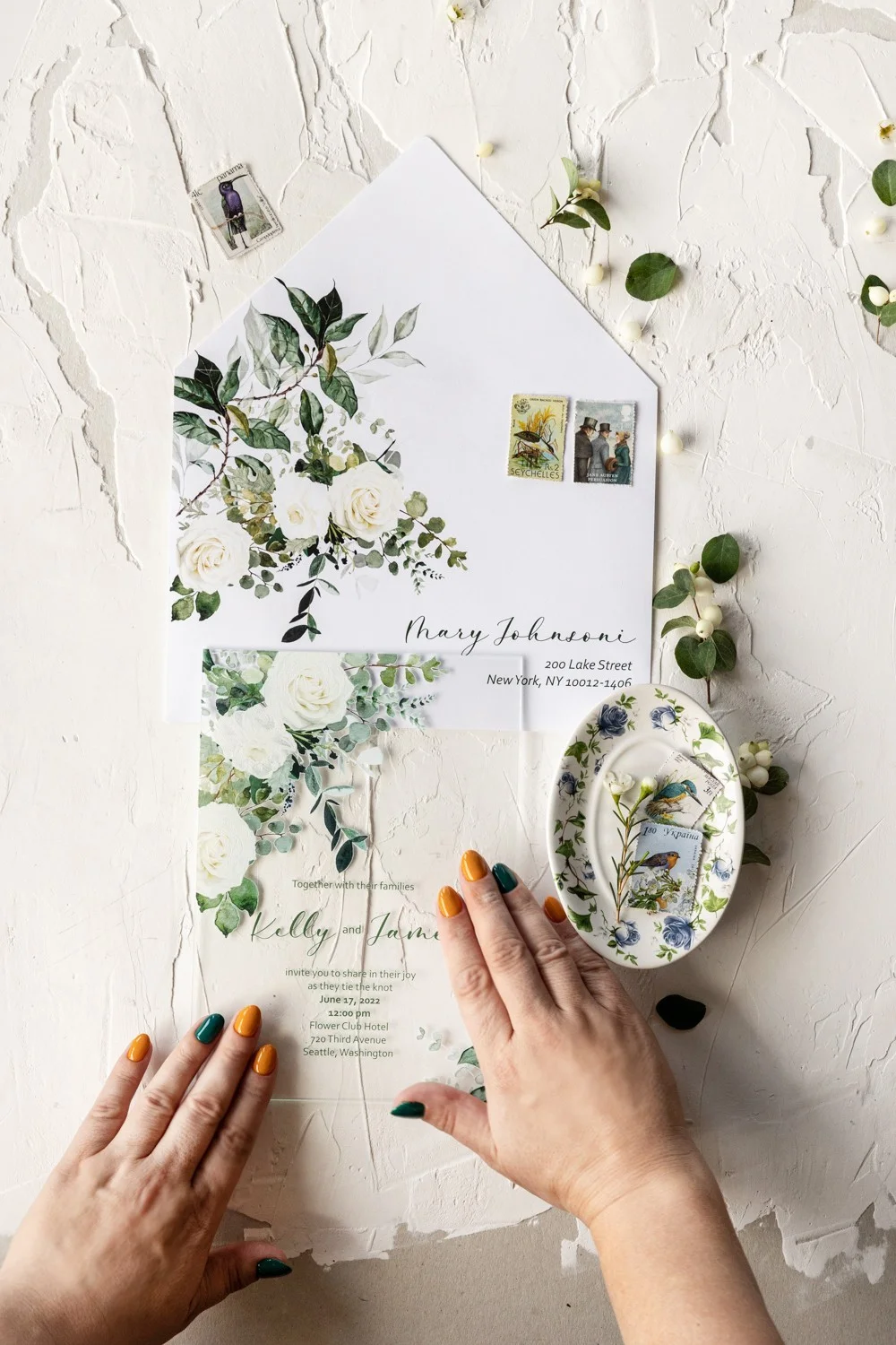 White roses and eucalyptus acrylic wedding invitation, Roses Wedding Invitation, Transparent Wedding Invitation acrylic or glass