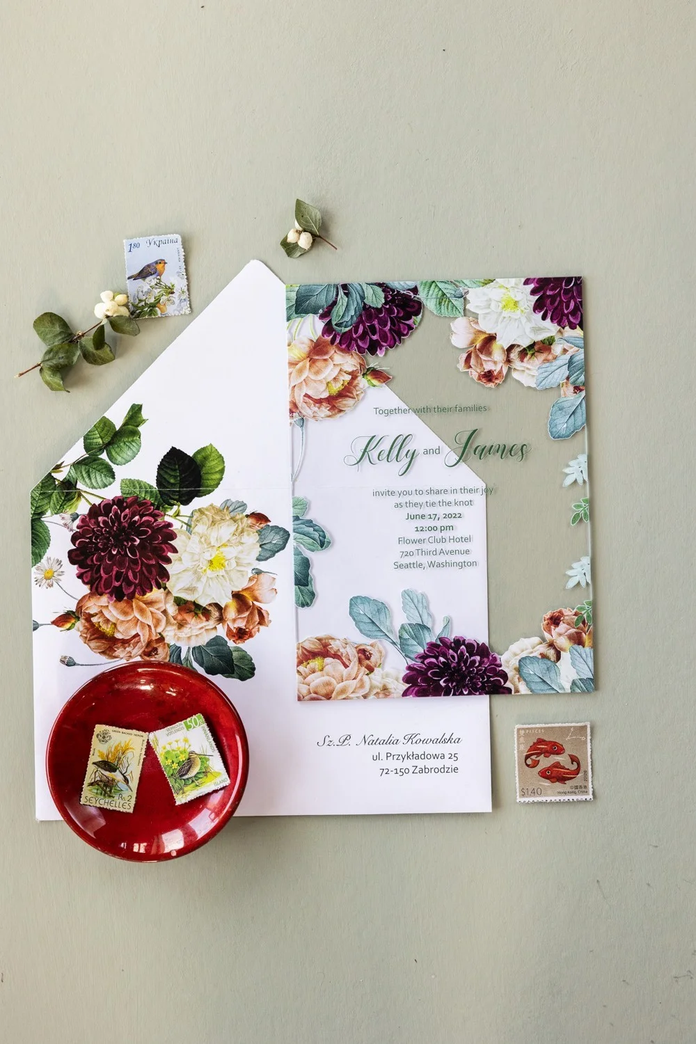 Burgundy Dahlia Acrylic Wedding Invitation - Luxurious Autumn Invite - GL38