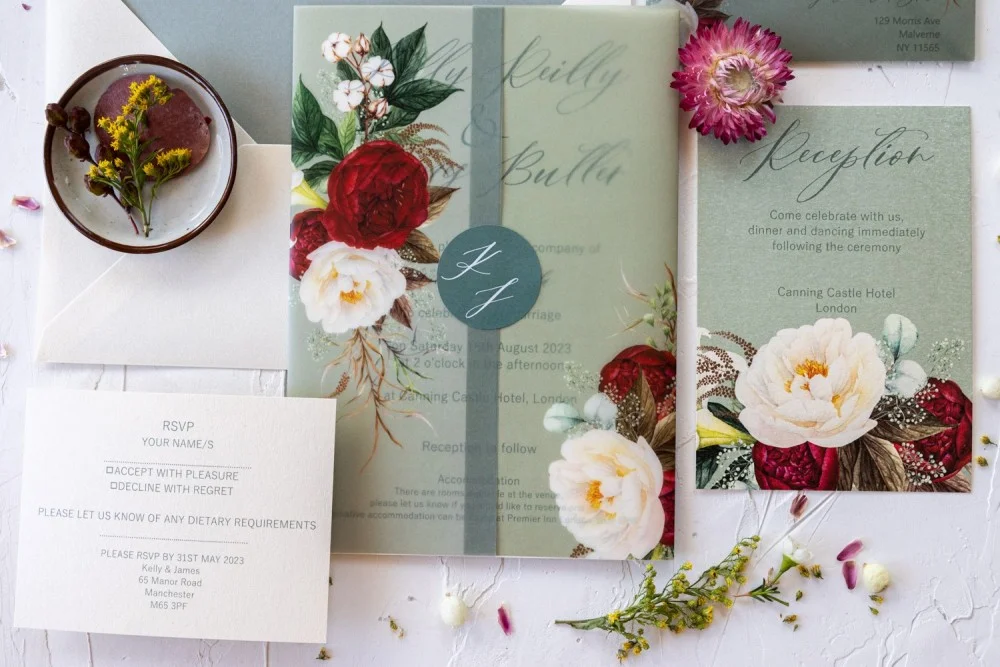 Sage Green Wedding Invitation, Rustic Wedding Invitations, Invitation with vellum wrap, Olive invitation