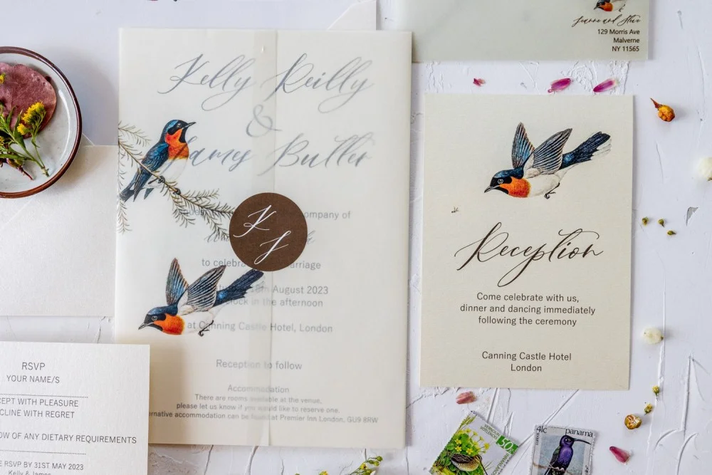 Invitation de mariage vintage avec enveloppe en vélin, invitation de mariage Love Birds, invitation de mariage rétro