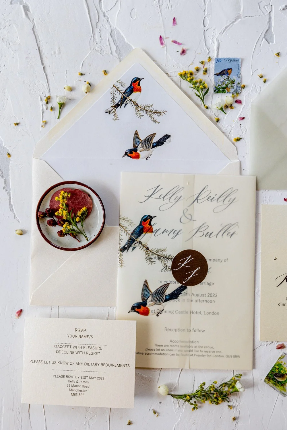 Invitación de boda vintage con envoltura de vitela, Invitación de boda Love Birds, Invitación de boda retro