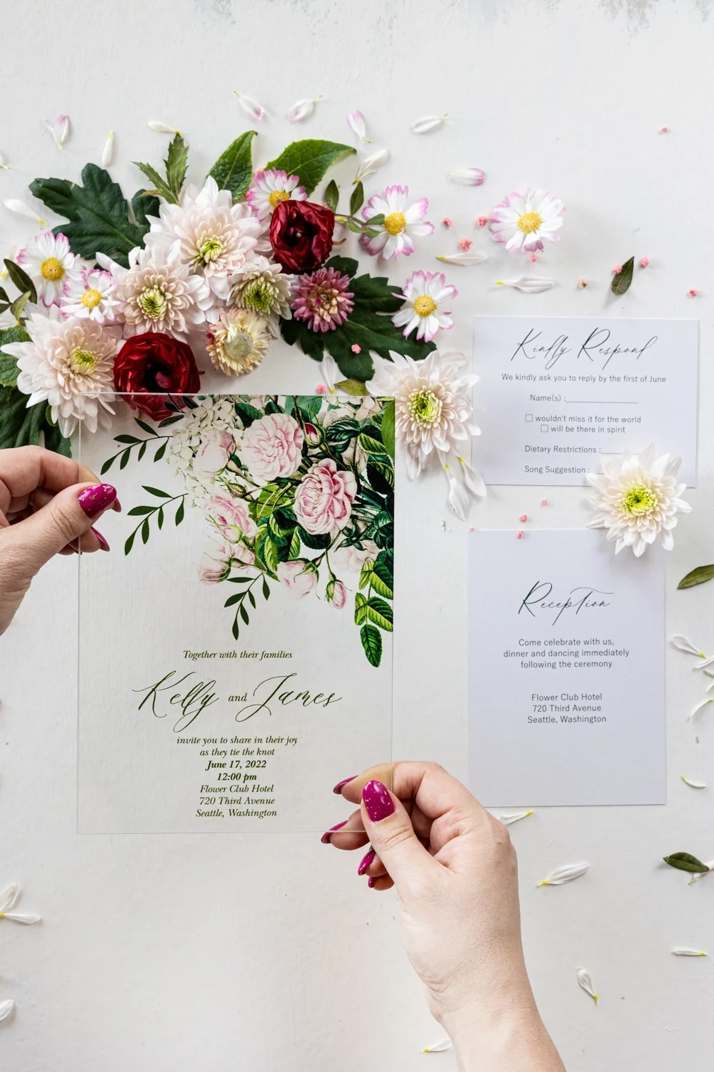 invitation de mariage rose blush, cartes de mariage roses en verre ou en acrylique