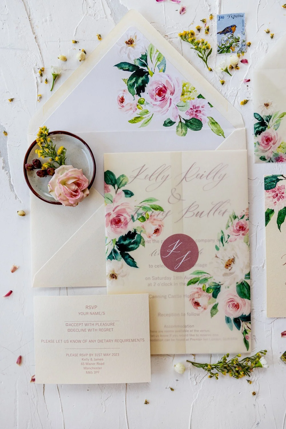 Romantic floral wedding Invitation with vellum wrap, Elegant blush pink wedding invitations, Vintage wedding invitation set