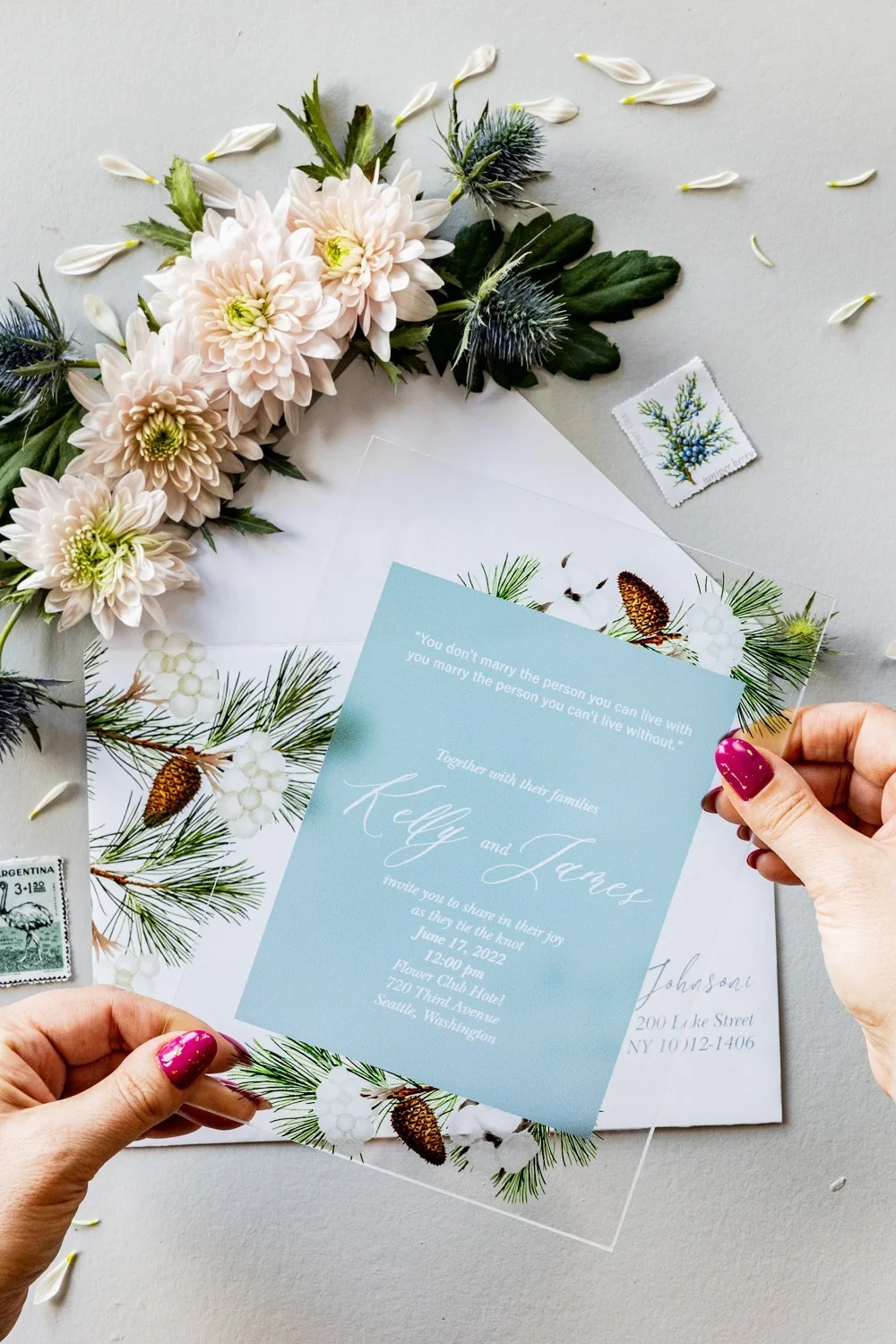 Blaue Hochzeitseinladung, Einladungskarte, Glas oder Acryl Winter-Hochzeitskarten mit Kegeln