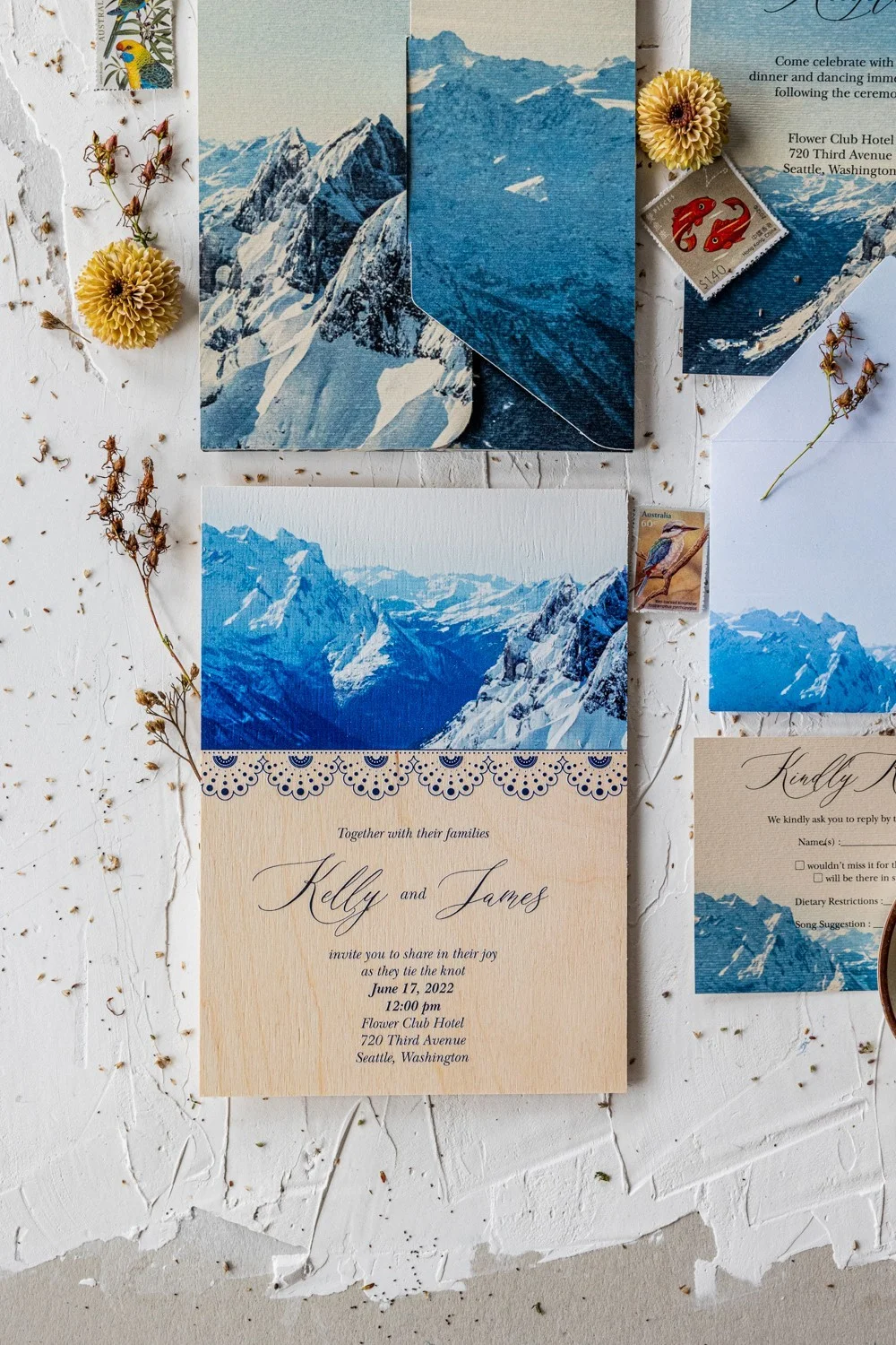 Mountain Wooden Wedding Invitation: Rustic, Handmade Envelope, Destination Invites