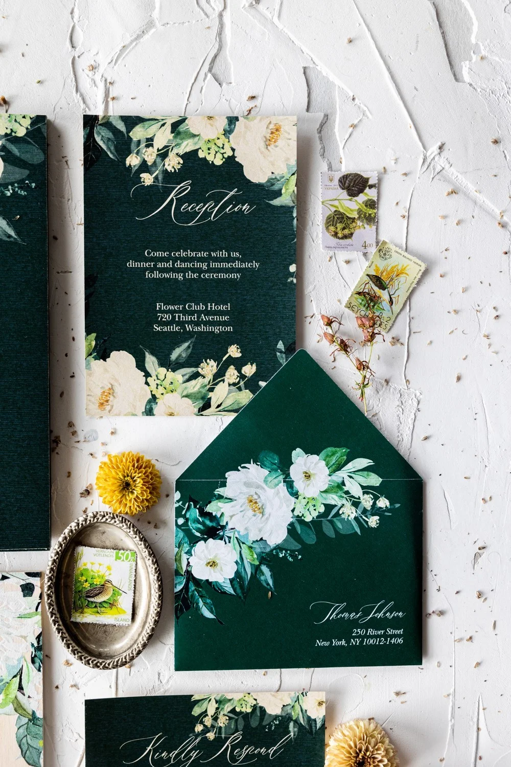 Rustic Wooden Wedding Invitation, Green Wedding Invitations, Wood Invitation, White Flowers Wedding Invites