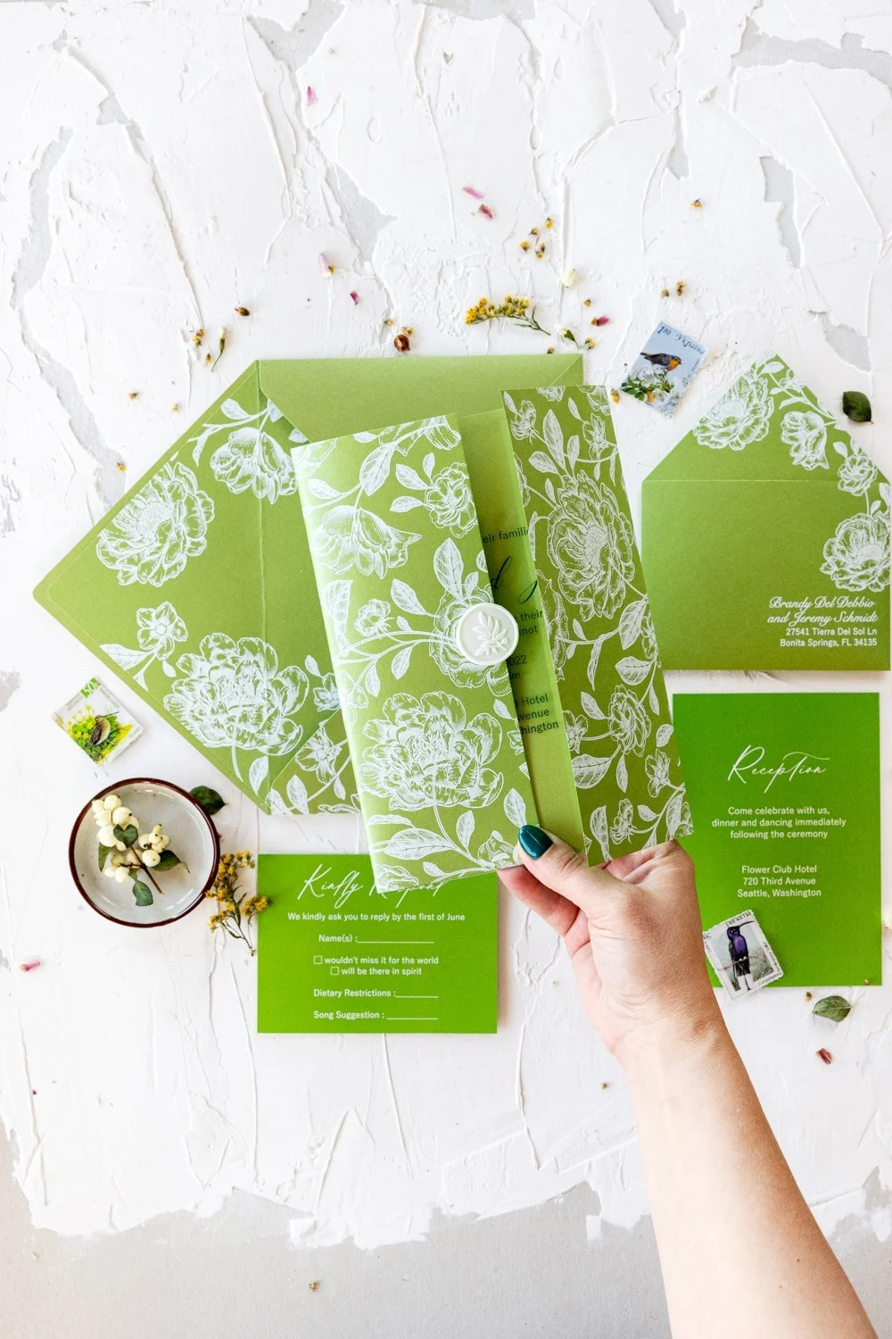 Green Acrylic or Glass Wedding Invitation, Greenery Wedding Invitations, Clear invitation, Transparent Invitation