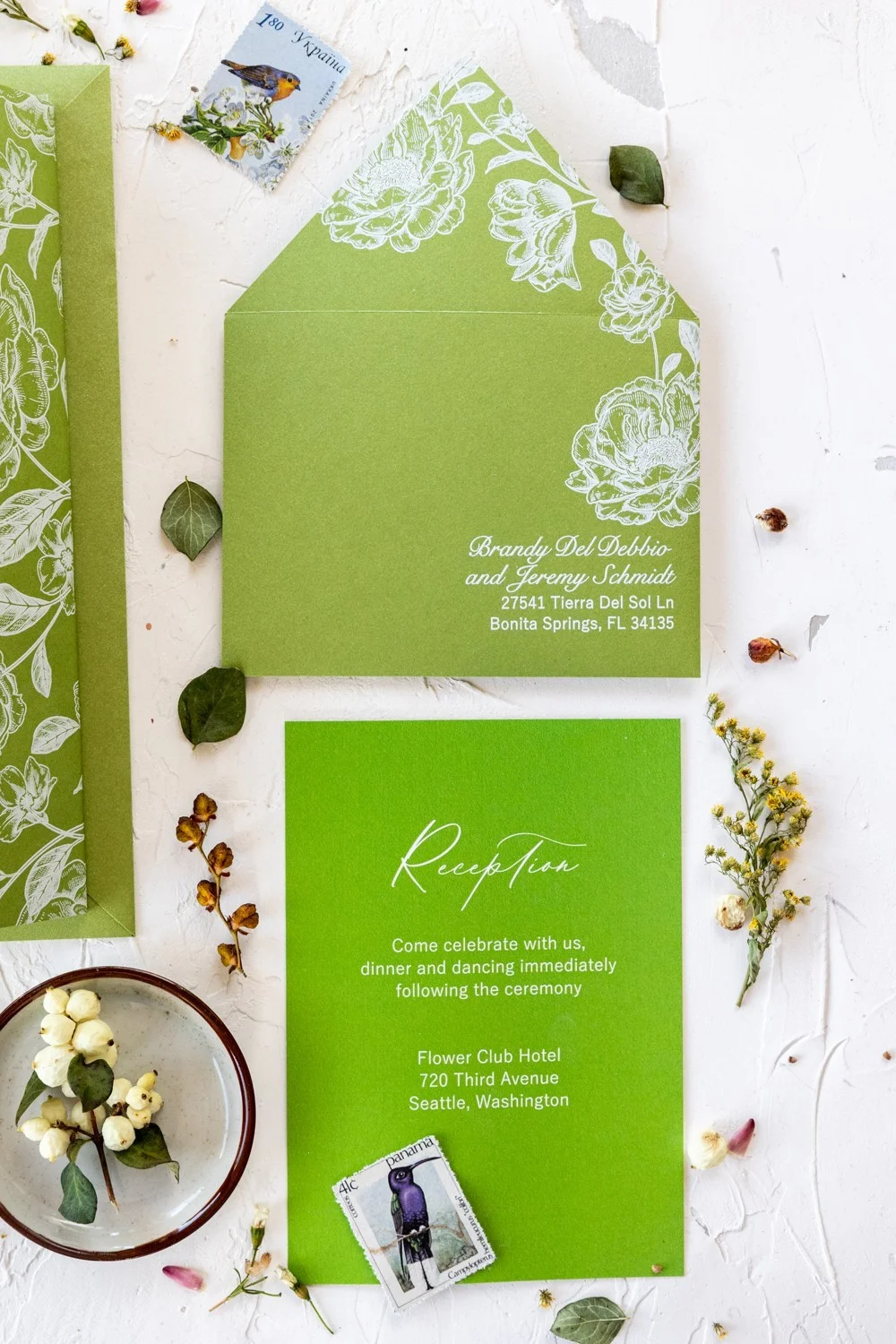 Invitation de mariage en acrylique ou en verre vert, invitations de mariage en verdure,