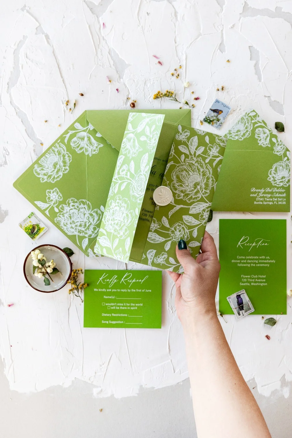 Green Acrylic or Glass Wedding Invitation, Greenery Wedding Invitations, Clear invitation, Transparent Invitation