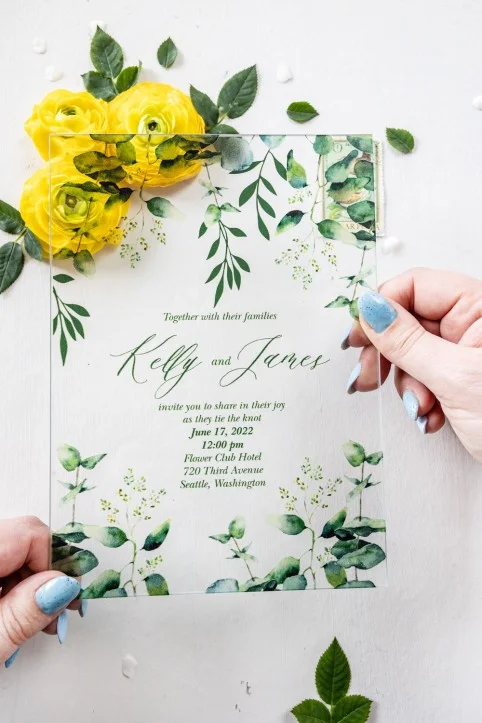 Invitación de boda en eucalipto, invitaciones de boda en vidrio o acrílico, invitación de boda en verde