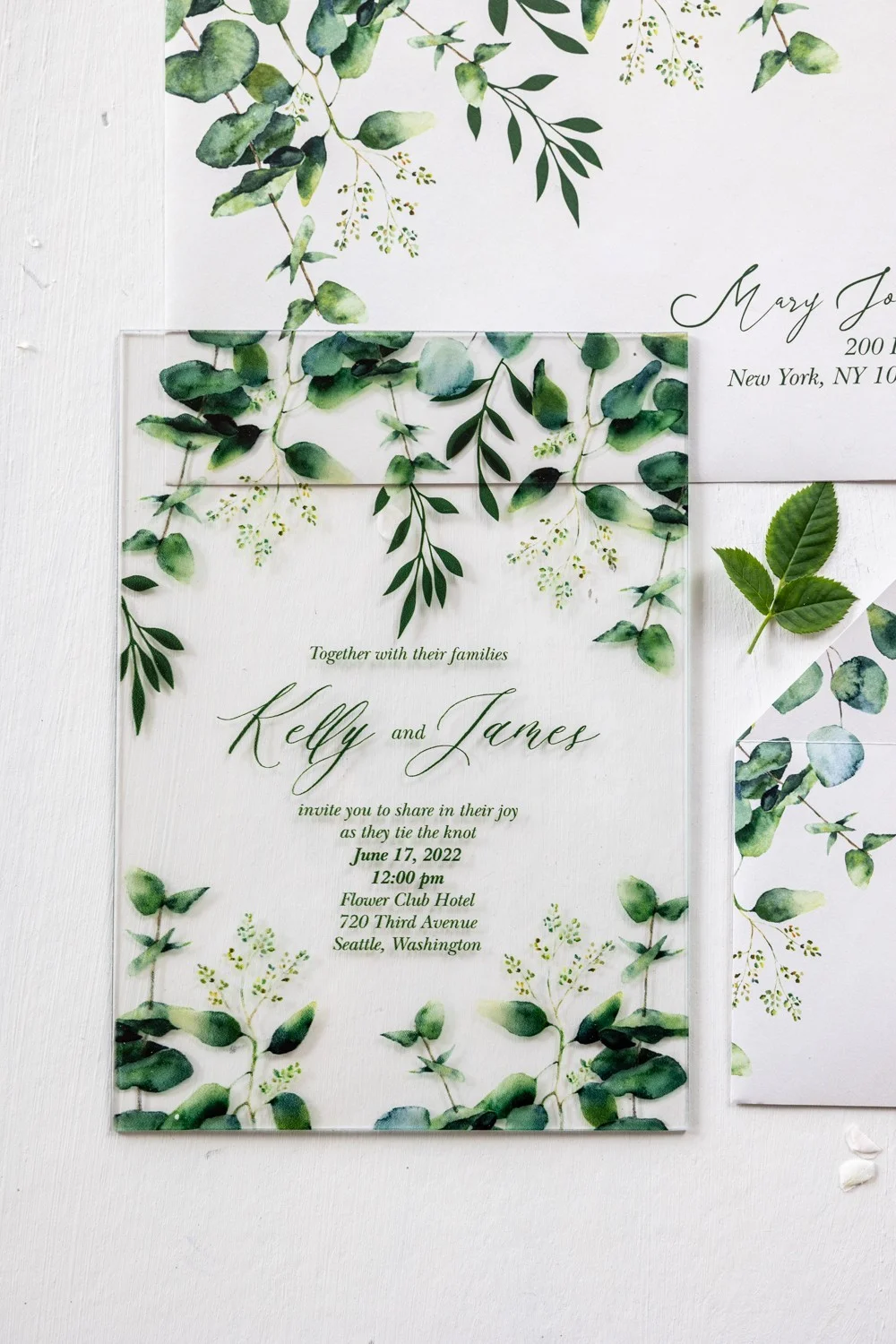 Invitation de mariage en eucalyptus, invitations de mariage en verre ou en acrylique, invitation de mariage en verdurec