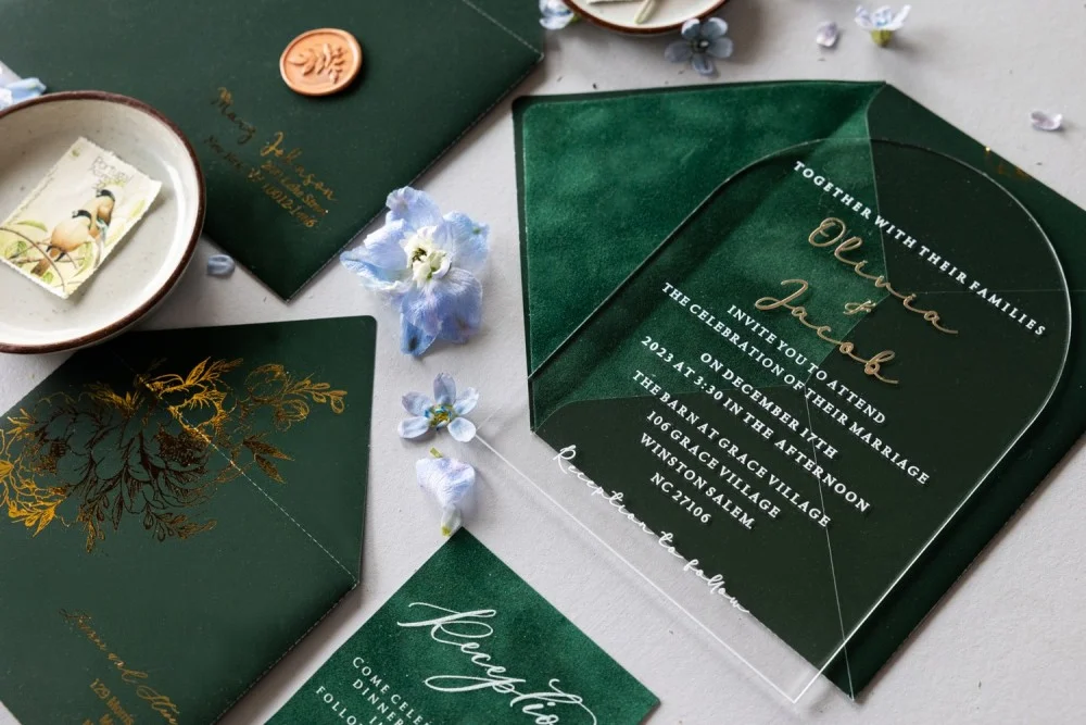 Invitations de mariage en acrylique or, invitations en velours, suite romantique et élégante en acrylique