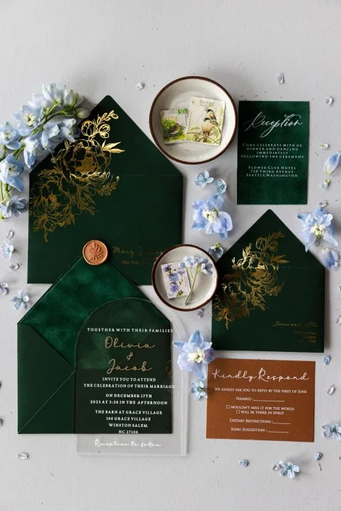 Arch Acryl Gold Hochzeitseinladungen, Samt Einladungen, Romantisch Elegante Acryl Suite, Smaragd Samt Einladung