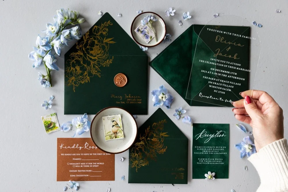 Invitations de mariage en acrylique or, invitations en velours, suite romantique et élégante en acrylique