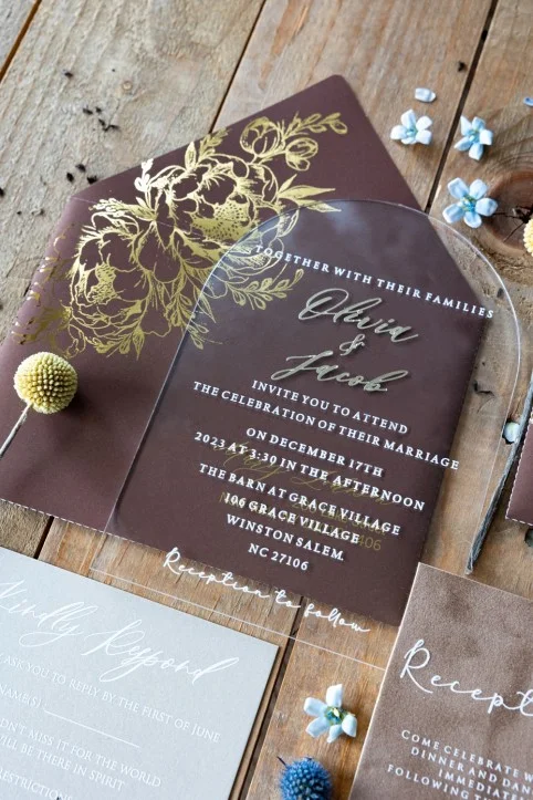 Invitaciones de boda en arco acrílico dorado, invitaciones en terciopelo, invitaciones en terracota