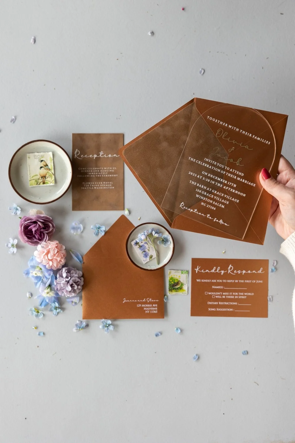 Arch Acrylic Gold Wedding Invitations, Velvet invitations, Romantic Elegant Acrylic Suite, Terracotta Invitation