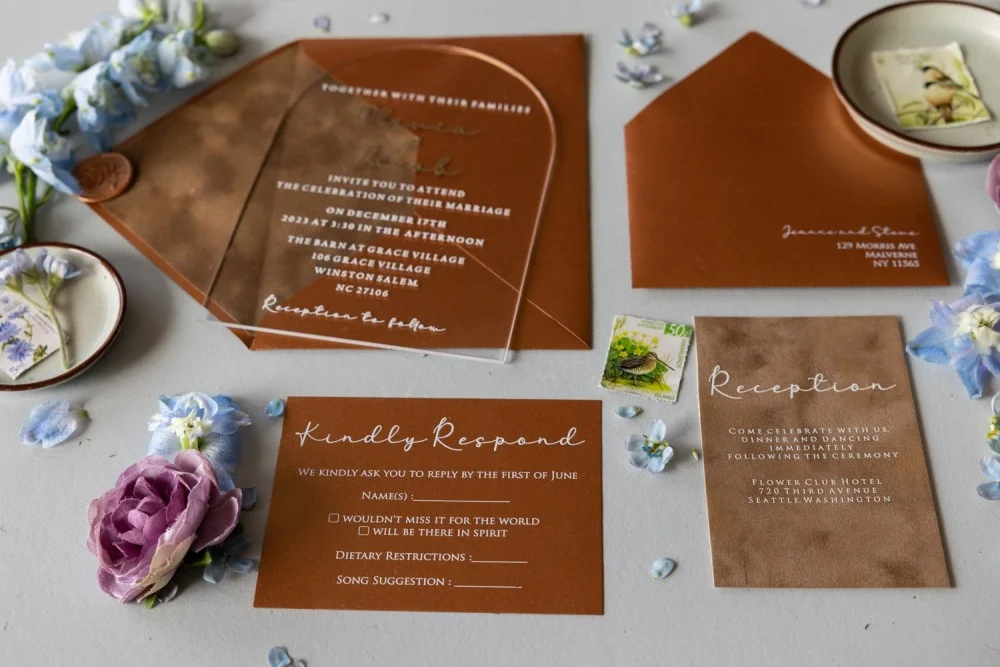 Arch Acrylic Gold Wedding Invitations, Velvet invitations, Romantic Elegant Acrylic Suite, Terracotta Invitation
