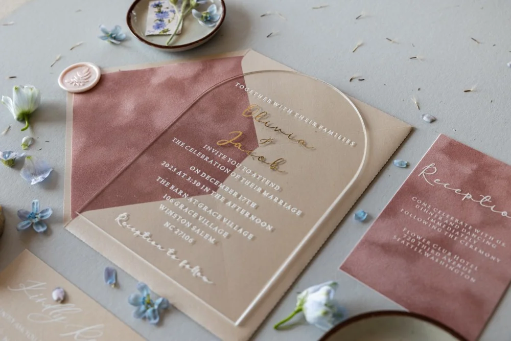 Arch Acrylic Gold Wedding Invitations, Velvet invitations, Blush Pink Invitation, Modern Invitation