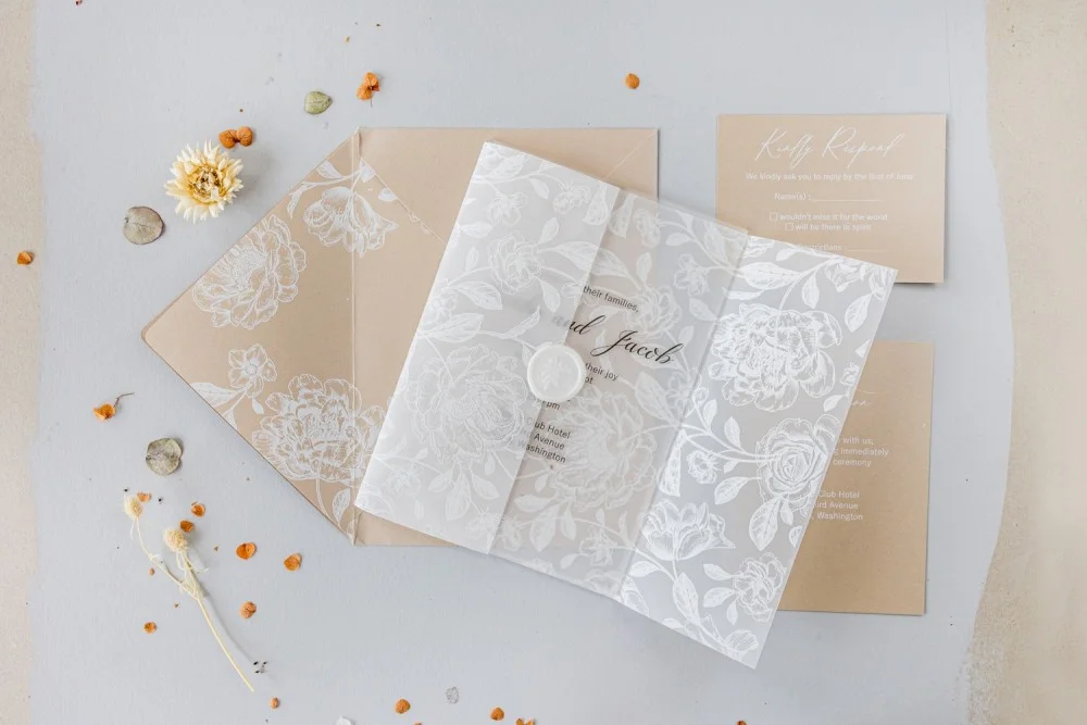 Acrylic or Glass Wedding Invitation, Beige Wedding Invitations, Clear Wedding Invitation with white flowers