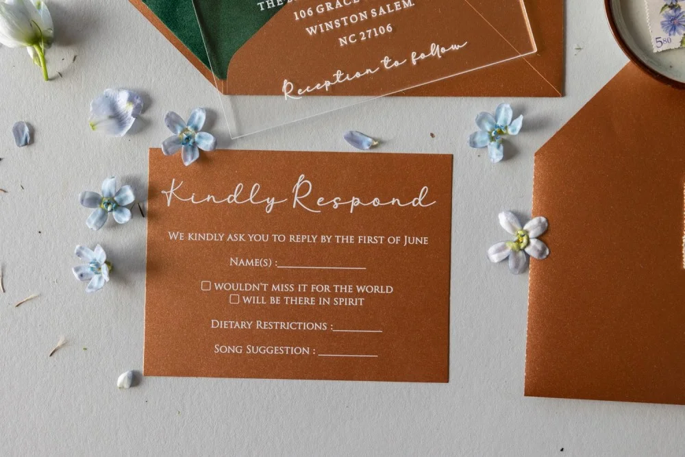 Invitations de mariage en acrylique or, invitations en velours, invitation en terre cuite et en vert