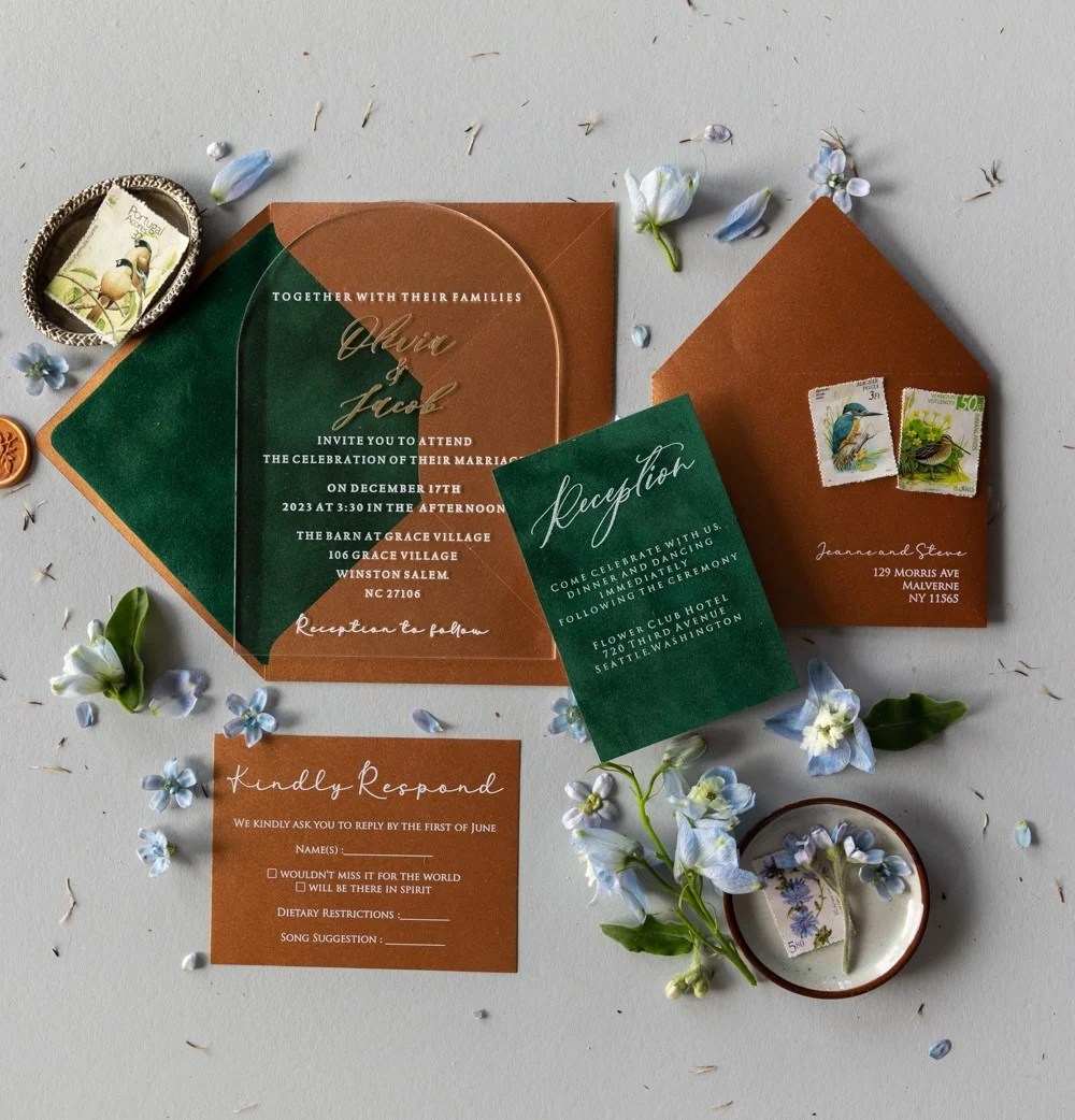 Invitations de mariage en acrylique or, invitations en velours, invitation en terre cuite et en vert