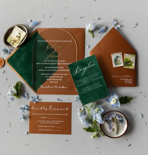 Bogen Acryl Gold Hochzeitseinladungen, Samt Einladungen, Romantisch Elegant Acryl Suite, Terrakotta und Grün Einladungen