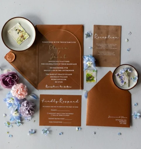 Bogen Acryl Gold Hochzeitseinladungen, Samt Einladungen, Romantisch Elegante Acryl Suite, Terracotta-Einladung