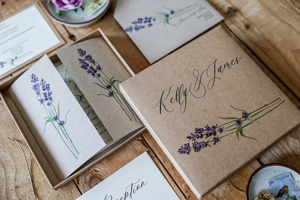 Lavender wedding invitation in a box, Boxed Rustic wedding invitation, boho wedding invitation with lavender