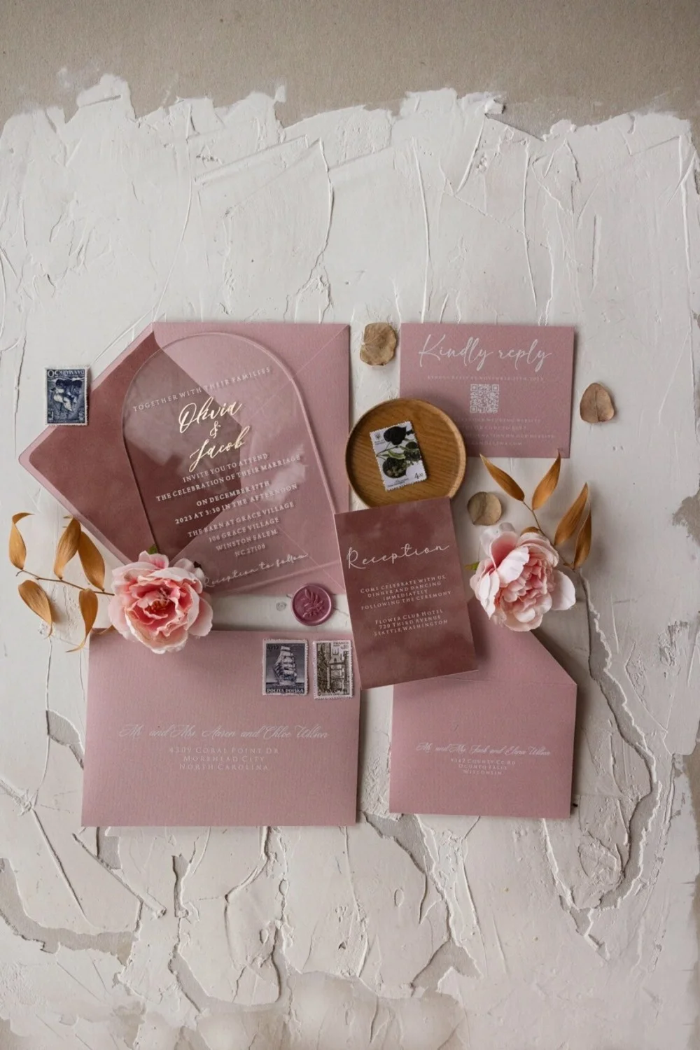 Hochzeitseinladungen aus Gold-Acryl mit Bogen, Samteinladungen, Romantisch Elegantes Acryl-Set, Blush Pink Einladung - FL2