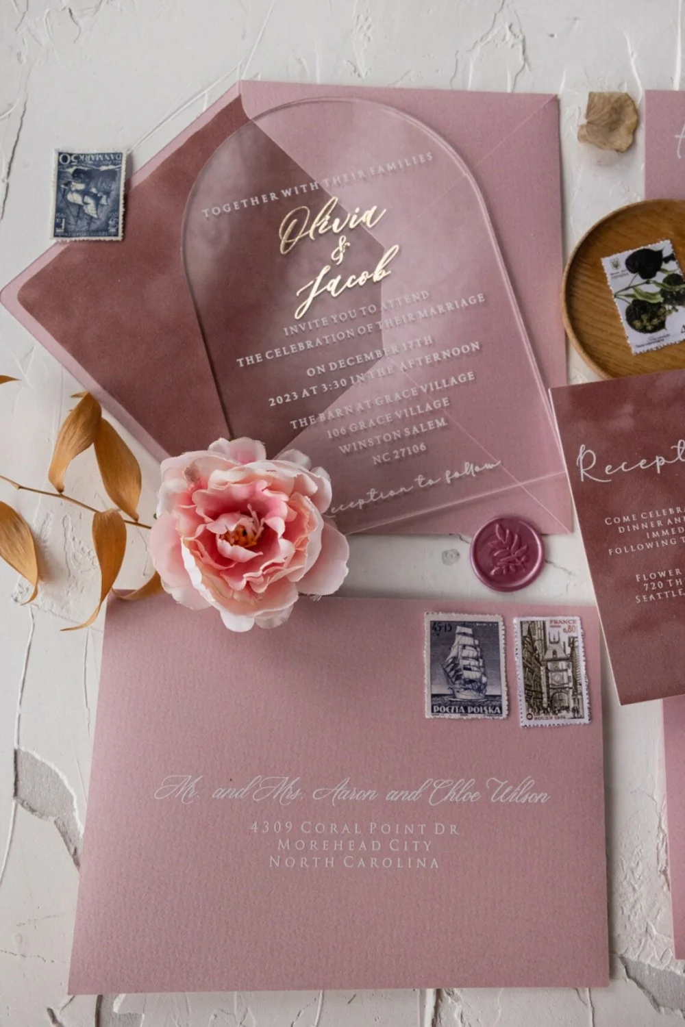 Romantic and elegant acrylic wedding invitation suite.