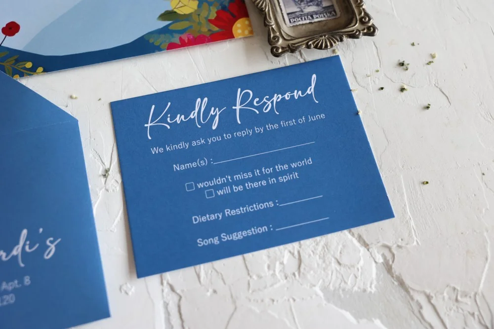 Handmade Rustic Blue Wedding Invitation set, including RSVP and reception cards with a floral design.