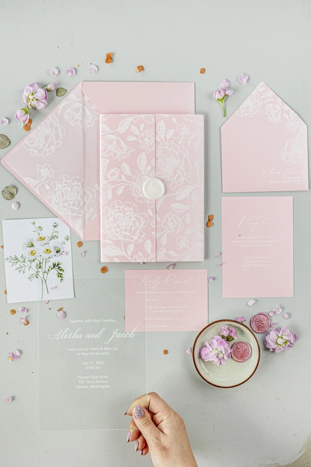 Invitaciones de boda en acrílico o cristal, invitaciones de boda en rosa palo, invitaciones en rosa transparente