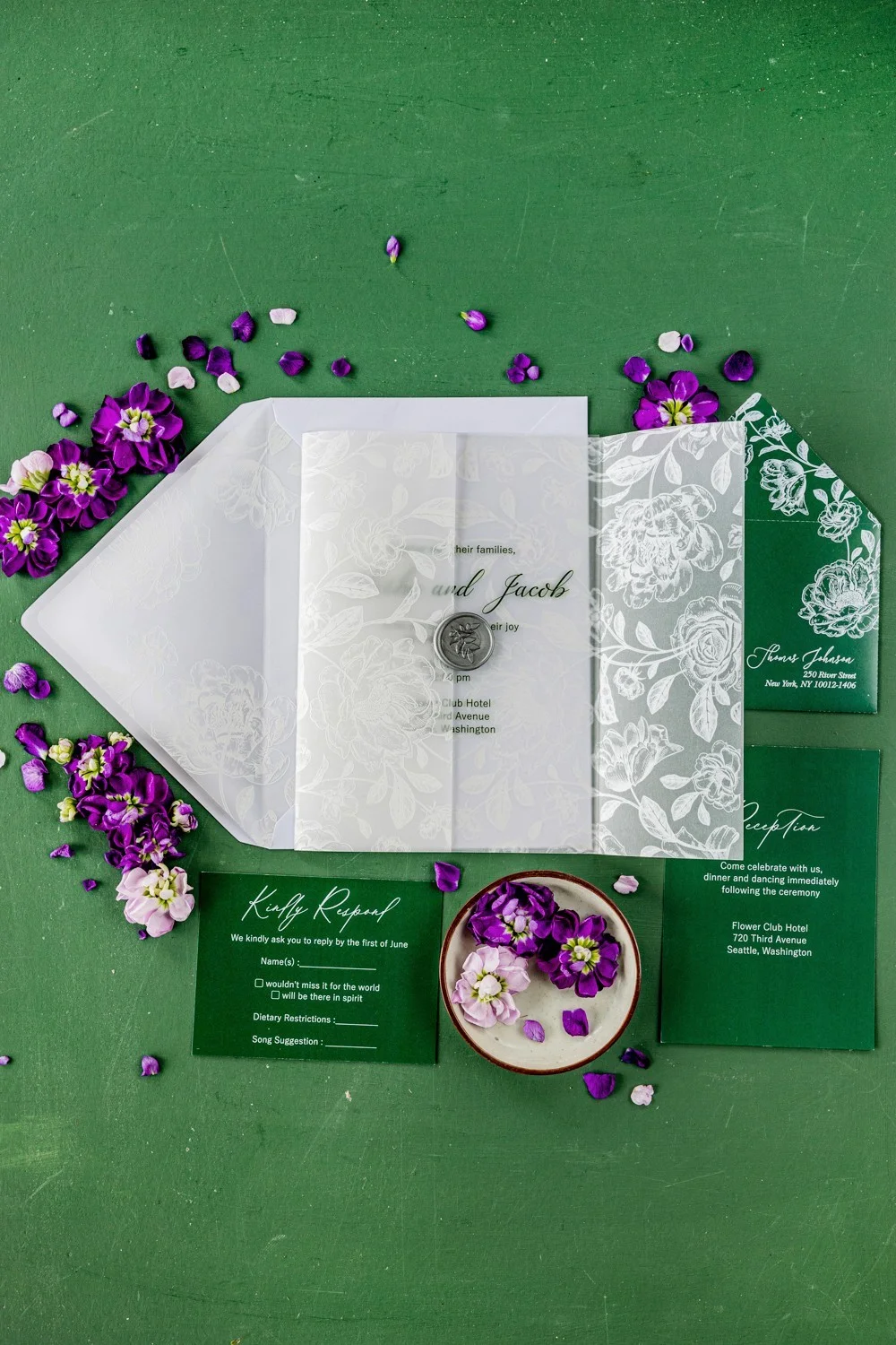 Vellum Wrapping Acrylic or Glasss Wedding Invitation, Green and white Wedding Invitations, Clear Wedding Invitation
