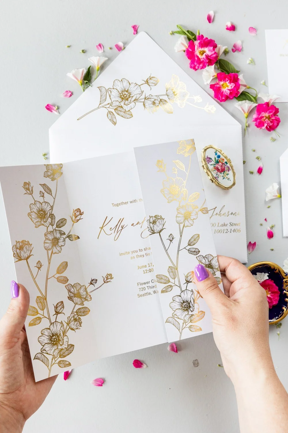 Goldfolien-Hochzeitseinladung, Elegantes maßgeschneidertes Gold-Hochzeitseinladungspaket, Glamour Hochzeitseinladungen