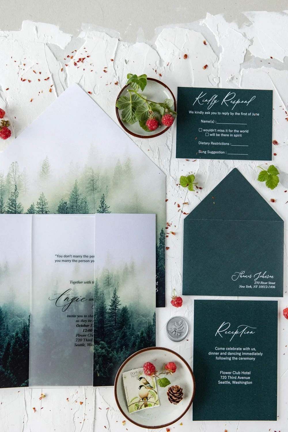Forest Mountain wedding Invitation, acrylic or glass wedding Invitation, Green Wedding Invitations, Clear Wedding Invites