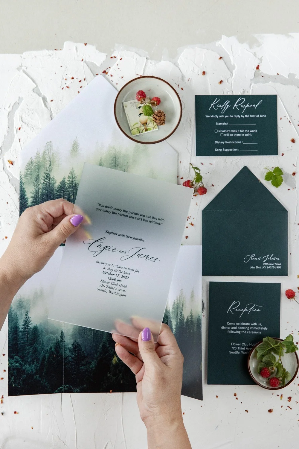 Forest Mountain wedding Invitation, acrylic or glass wedding Invitation, Green Wedding Invitations, Clear Wedding Invites