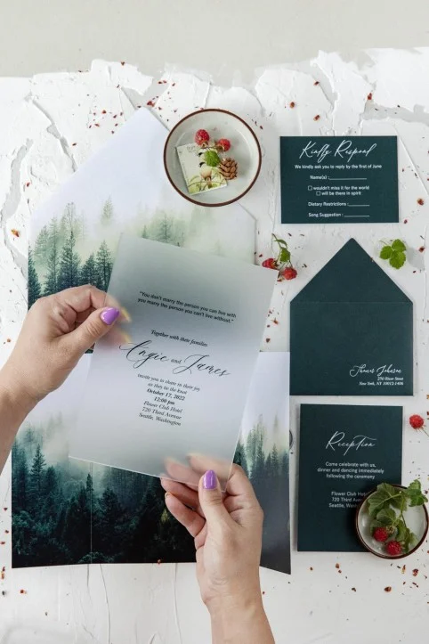 Invitación de boda en la Montaña del Bosque, Invitaciones de boda en acrílico o cristal, Invitaciones de boda transparentes