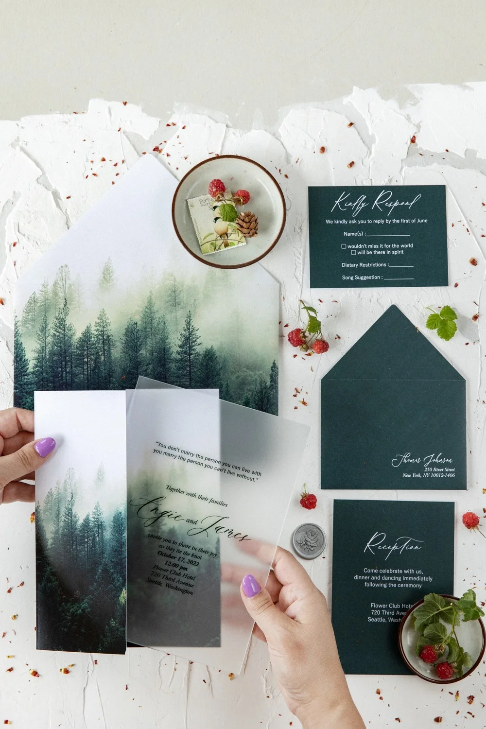 Forest Mountain Hochzeitseinladung, Acryl oder Glas Hochzeitseinladung, Grüne Hochzeitseinladungen