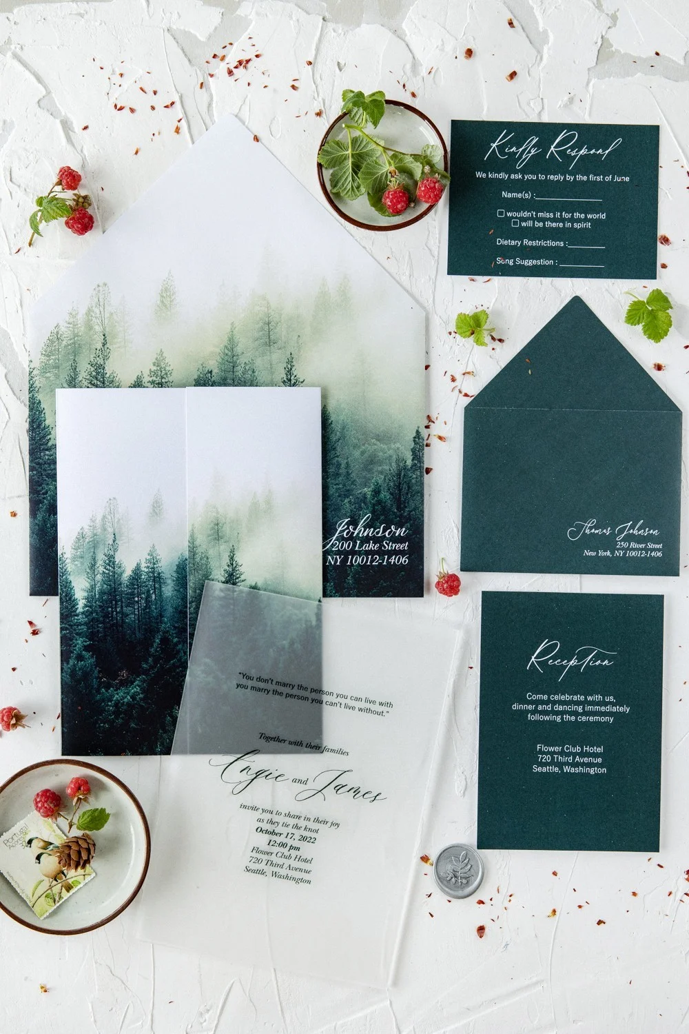 Forest Mountain Hochzeitseinladung, Acryl oder Glas Hochzeitseinladung, Grüne Hochzeitseinladungen
