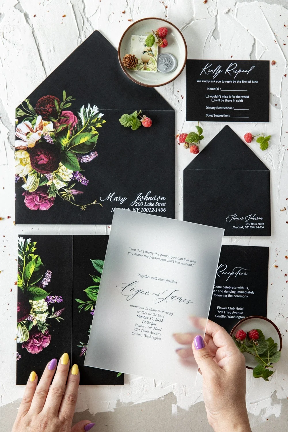 Schwarze Boho-Hochzeitseinladung, Acryl- oder Glaseinladung, Hochzeitseinladung Schwarze Plexiglas- oder Glas-Hochzeitseinladung