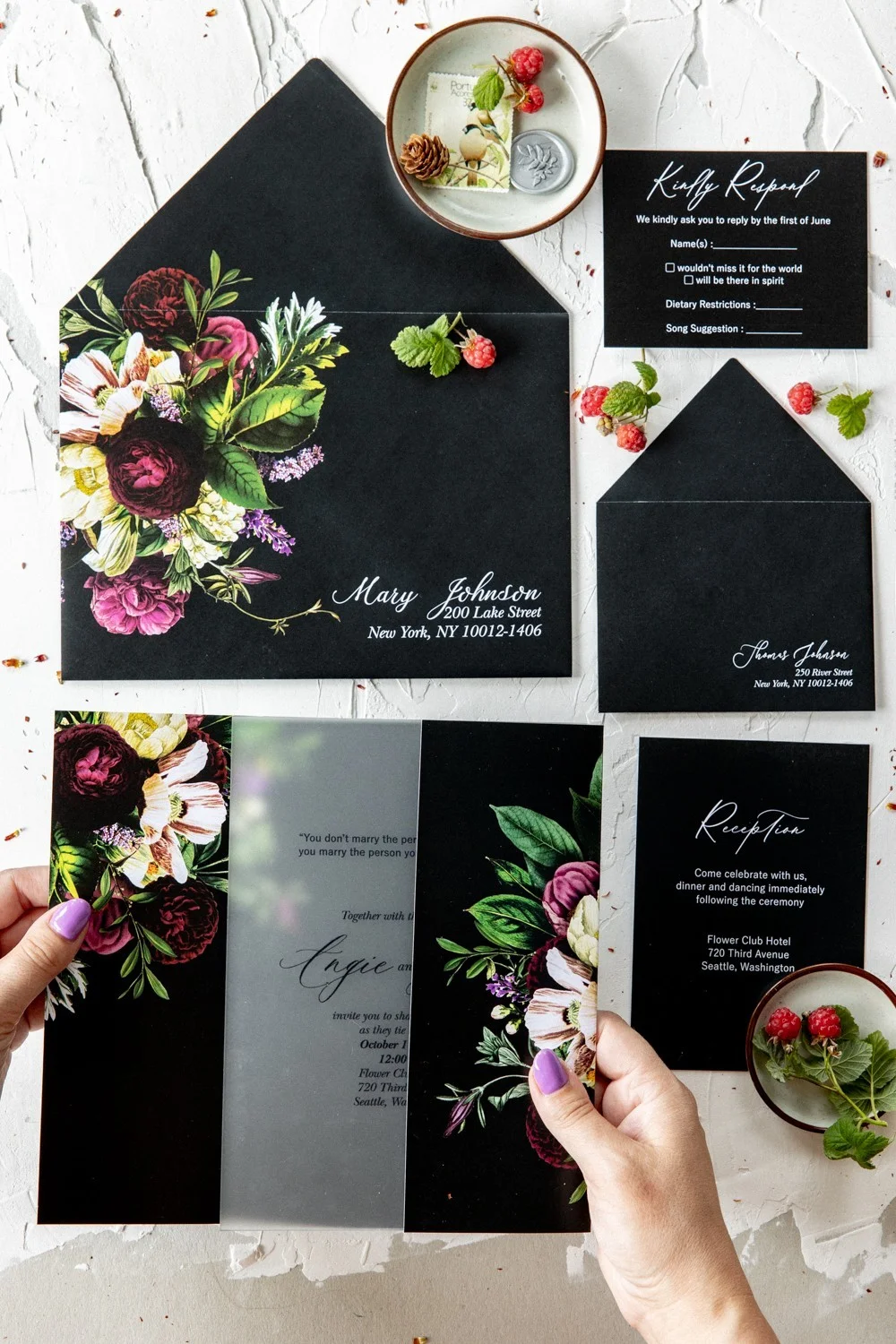 Schwarze Boho-Hochzeitseinladung, Acryl- oder Glaseinladung, Hochzeitseinladung Schwarze Plexiglas- oder Glas-Hochzeitseinladung