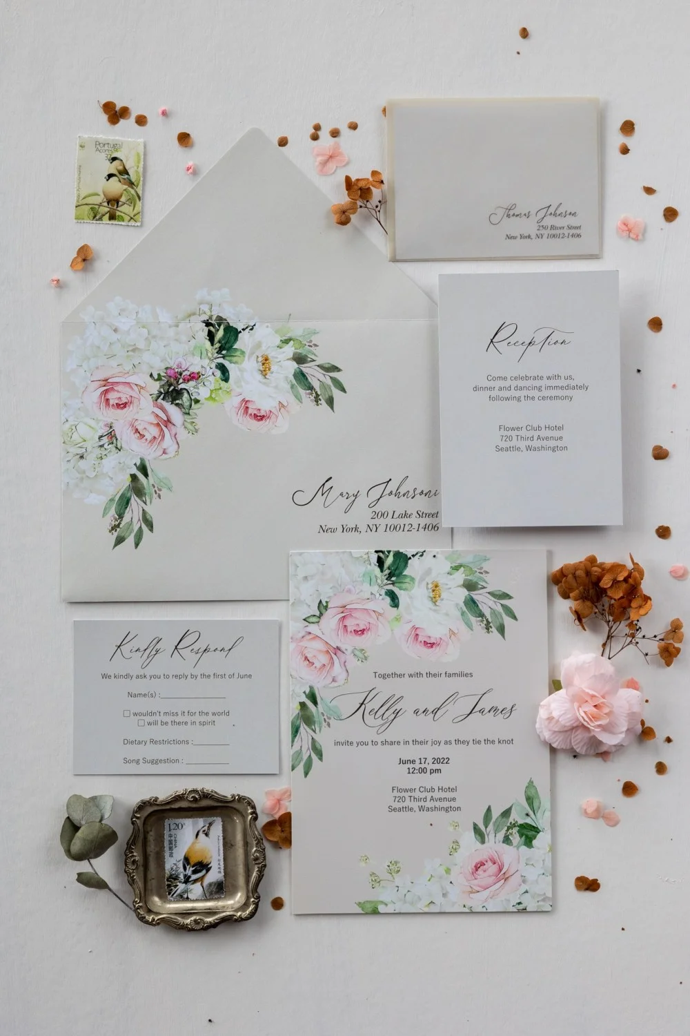 Elegante Hochzeitseinladungen mit weißen Pfingstrosen und Rosen, Acryl oder Glas - GL15