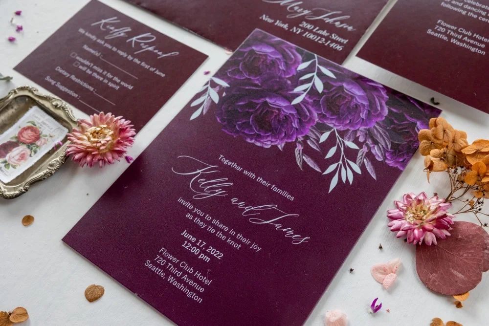 Glass or Acrylic Wedding Invitations, Burgundy Wedding Invitation, Glass or Acrylic Marsala Wedding Cards with burgundy peonies