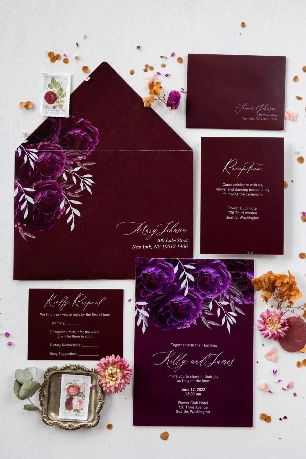 Elegant Glass or Acrylic Wedding Invitations with Burgundy Peonies and Marsala Accents - GL16