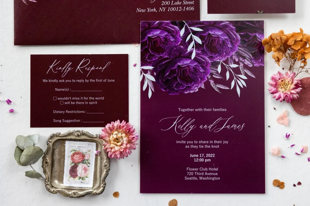 Elegant Glass or Acrylic Wedding Invitations with Burgundy Peonies and  Marsala Accents - GL16