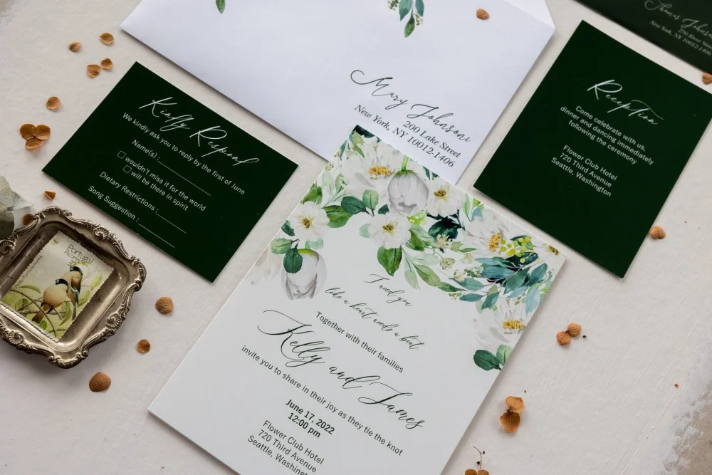 Luxurious Deep Green Glass or Acrylic Wedding Invitations with White Florals - GL19