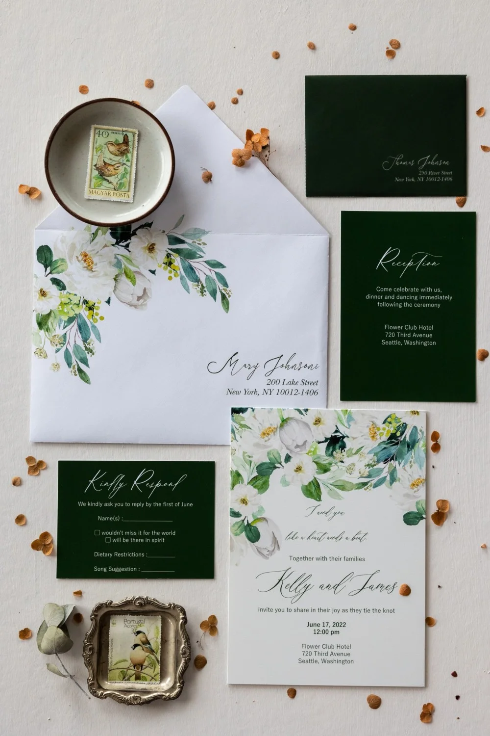 Invitations de Mariage en Verre ou Acrylique Vert Profond avec Fleurs Blanches - GL19